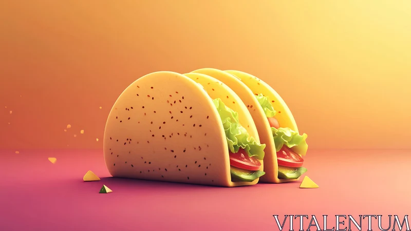 Three stylized tacos on colorful gradient background.