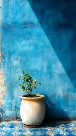 Sunlit lemon tree resting against a dreamy blue wall.
