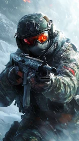 Winter soldier moves through icy storm with steady focus.