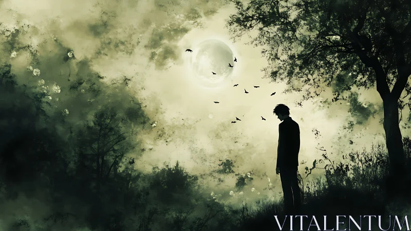 Silhouetted figure under full moon in dense woodland landscape.