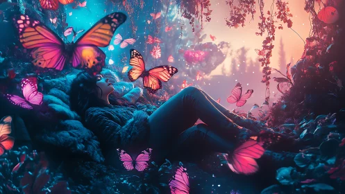 Dreamy forest escape with glowing butterflies at dusk.