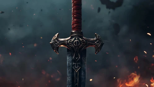 Medieval broadsword with ornate hilt in smoky embers field.