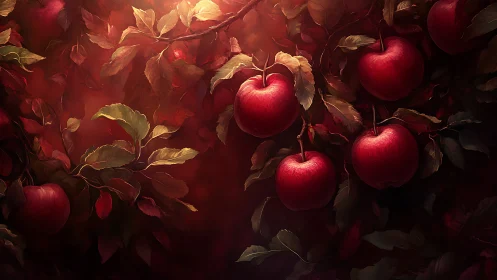 Sunlit crimson apples quietly rehearse their autumn glow