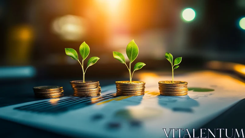 Sunlit coin gardens sprout symbols of steady financial growth.