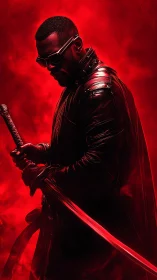 Sword-wielding warrior in red vapor, glossy leather coat.