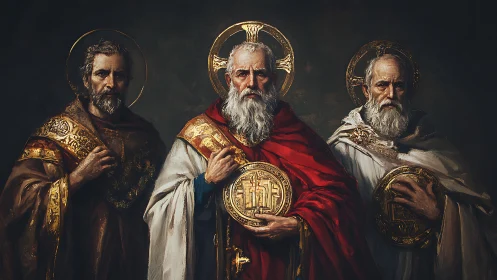 Three solemn saints guard gilded seals beneath quiet halos