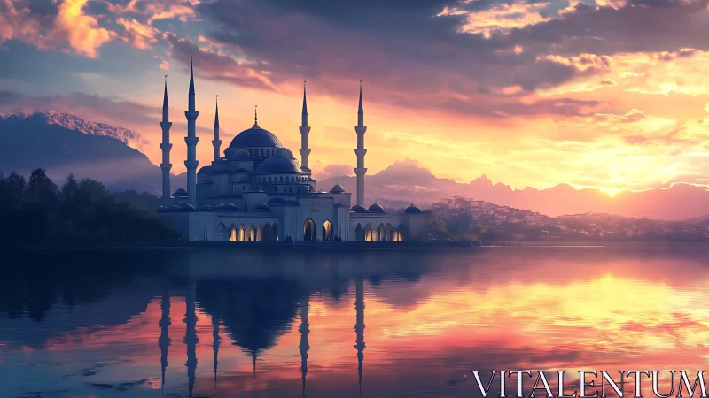 Sunset-drenched mosque drifts like mirrored silk across water