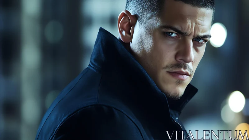 Cinematic low‑key portrait of man in dark jacket, narrow DOF background