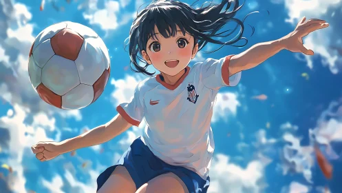 Joyful soccer girl leaping into a bright summer sky.