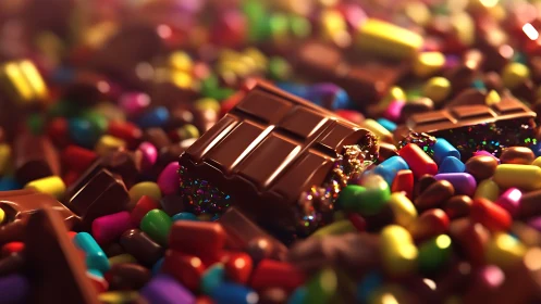 Chocolate bars surrounded by colorful candies and sprinkles.