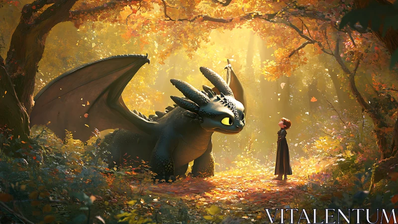 Dragon and child under golden autumn forest canopy.