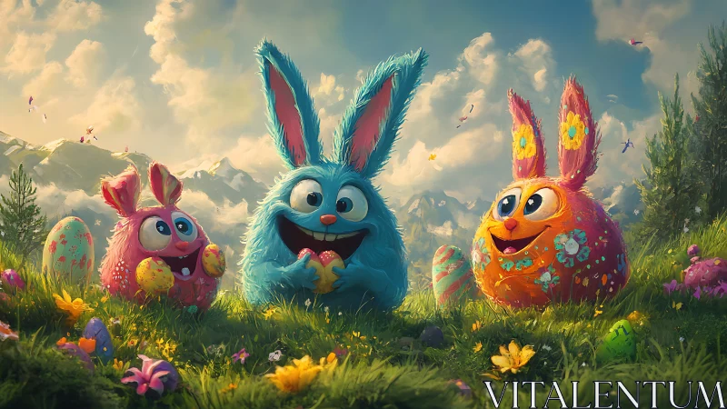 Anthropomorphic rabbits with eggs in alpine meadow setting.