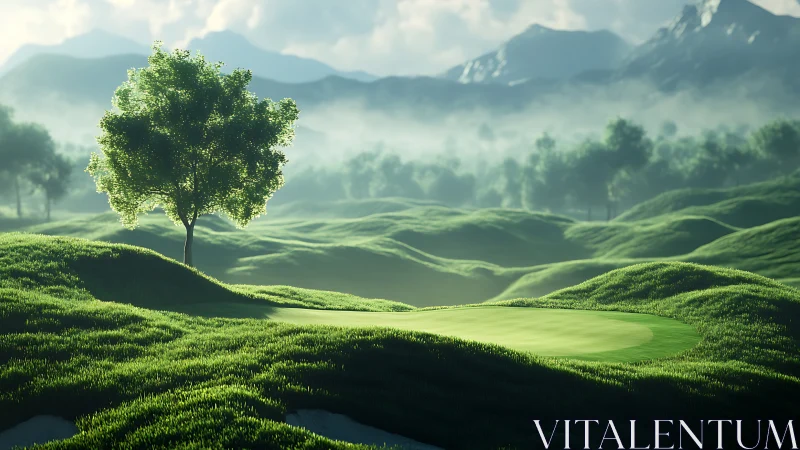 Soft sunrise light gently warms a rolling golf green