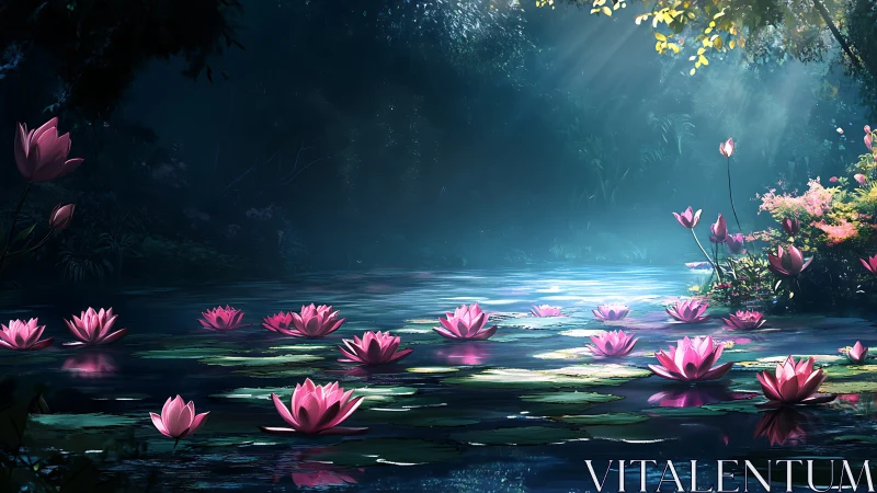 Digital painting of luminous lotus pond under dappled canopy.