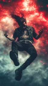 Person suspended against nebula-like cloud background in midair