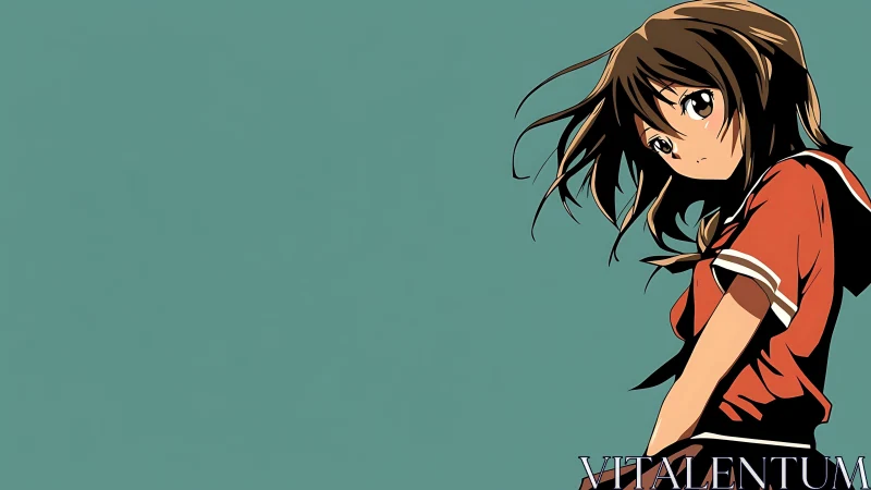 Side-profile anime schoolgirl on teal minimalist background.