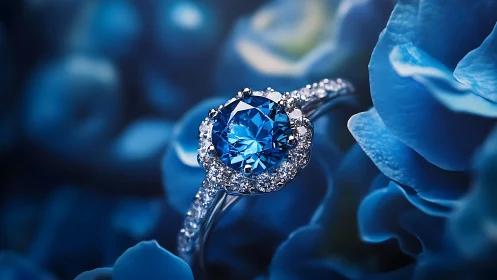 Blue gemstone ring centered among out-of-focus petals.