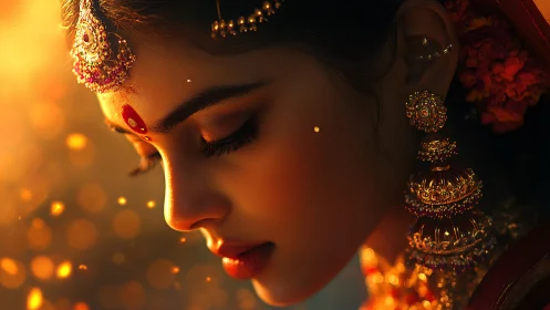 Embers of devotion halo a jeweled bride’s serene profile.
