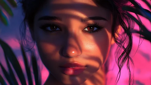 Close-up digital portrait under bold pink tropical light.