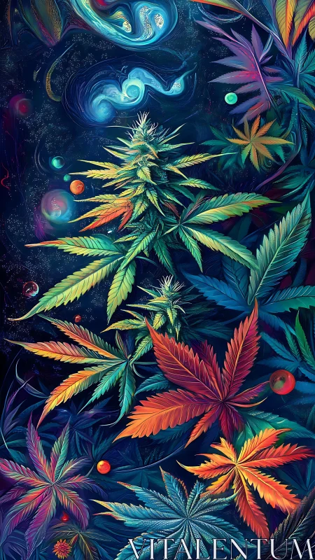 Chromatic cannabis botanicals in cosmic nebula environment.