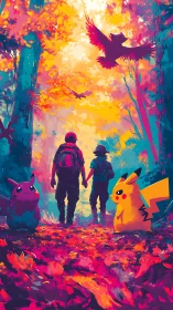 Trainers walking with Pikachu in vivid autumn forest.