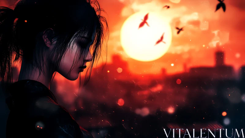 Silhouetted profile in high-contrast vermilion sunset field.