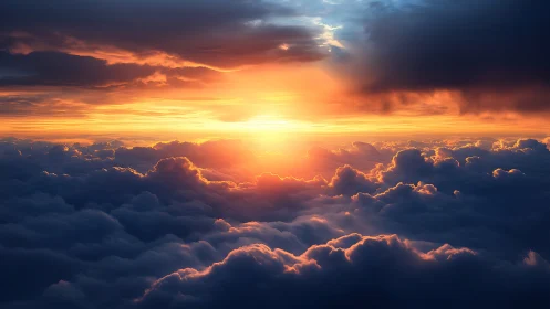 Sunrise light cuts through dense storm clouds above horizon