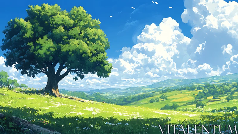 Solitary oak crowns bright meadow under expansive summer sky