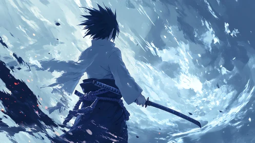 Lone anime swordsman confronts a raging storm of light.
