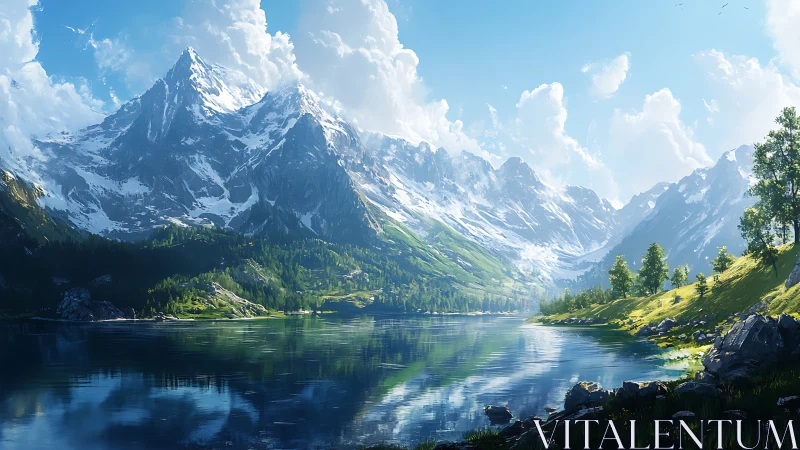 Snow-covered mountain range above reflective alpine lake.