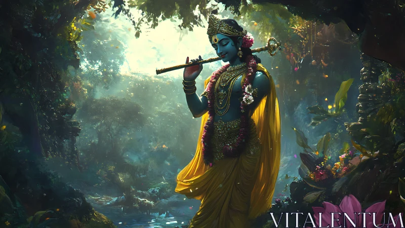 Divine blue deity playing flute in lush sacred forest.
