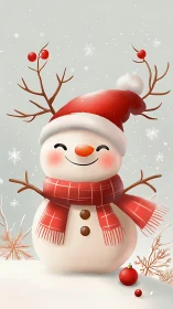 Smiling snowman in red scarf and hat with twig antlers.
