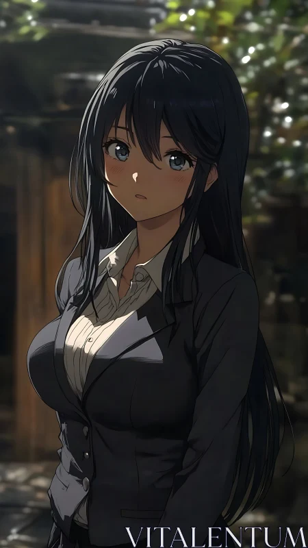 Serious dark haired office woman standing outdoors portrait.