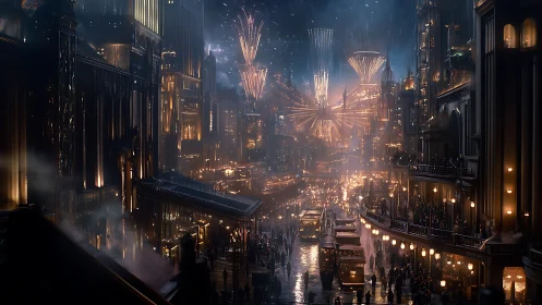 Futuristic city boulevard under glowing night fireworks.