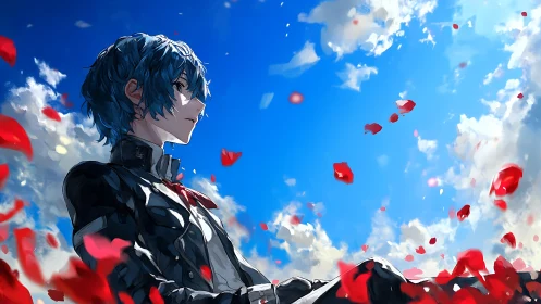 Blue haired anime figure in uniform amid drifting red petals