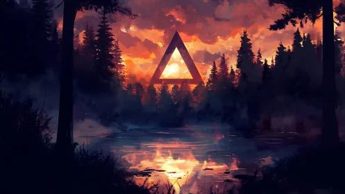 Geometric triangle hovering above blazing forest lake at dusk.