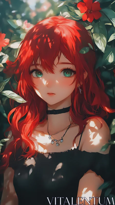 Crimson haired anime girl in sunlit garden shadows.