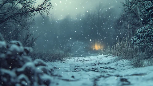 Snowy forest path leads toward distant warm lantern glow