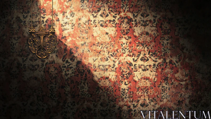 Antique brass pendant lamp casting diagonal light on aged rug