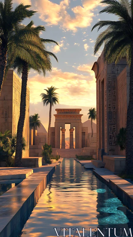 Sunlit canal through palm-lined avenue of Egyptian temples