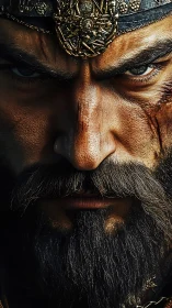 Battle-scarred warrior close-up with ornate bronze circlet