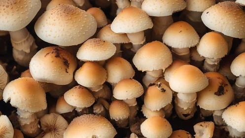 Clustered brown mushrooms grow densely with textured caps