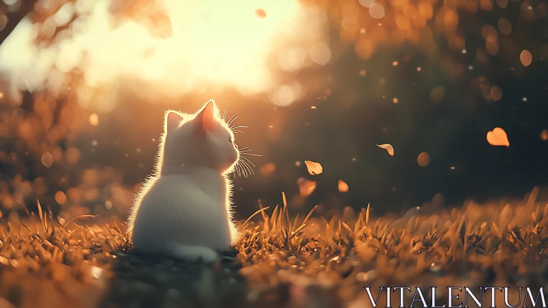 White kitten sits in grass beneath golden sunlight and falling leaves.