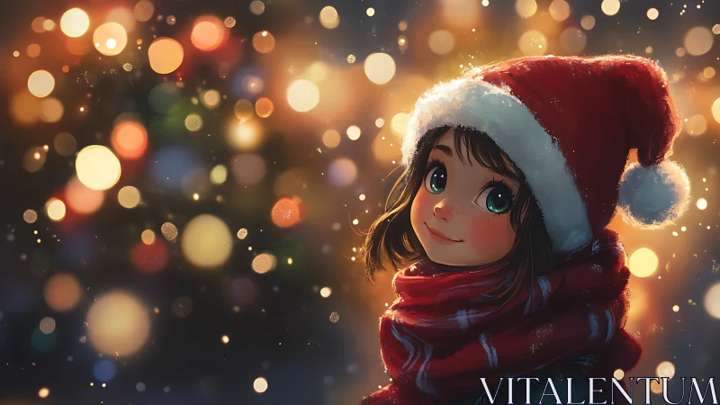 Anime holiday portrait with bokeh lighting and warm palette.