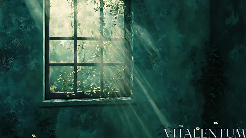 Sunlit vines stream through weathered teal interior window.