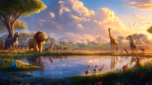 African Savanna Wildlife Gathering at Watering Hole