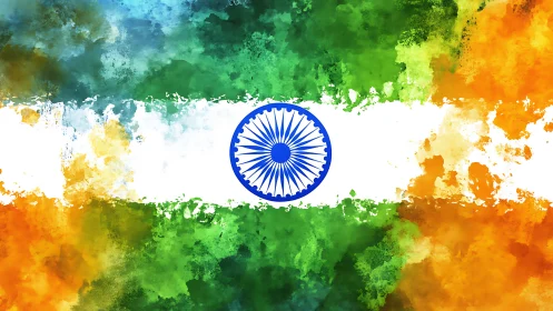 Indian tricolor flag rendered with vivid watercolor splashes