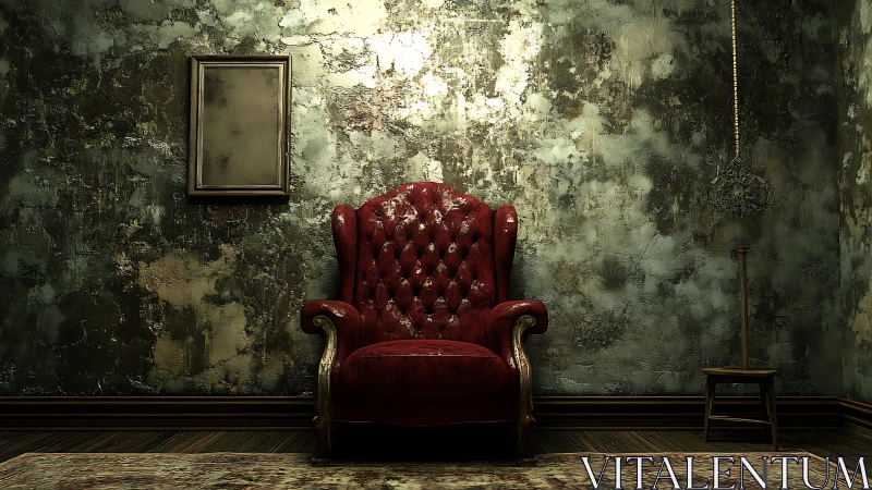 Vintage crimson armchair in a distressed patina room.