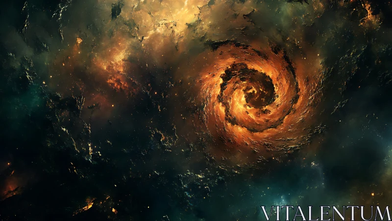 Cosmic firestorm vortex swirls through luminous deep space.