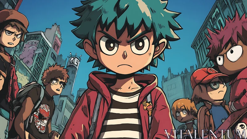 Group of cartoon teens stands in stylized urban street scene